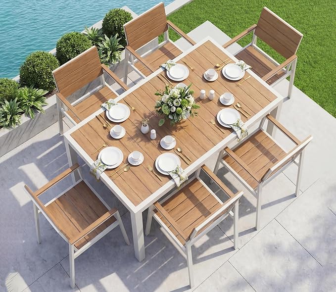 Vexwalx 7-Piece Outdoor Dining Set, Aluminum Dining Table Set for 6, Patio Table and Chairs Set with Umbrella Hole, All Weather HDPS Outdoor Table and Chairs for 6 (White-Teak) by Vexwalx