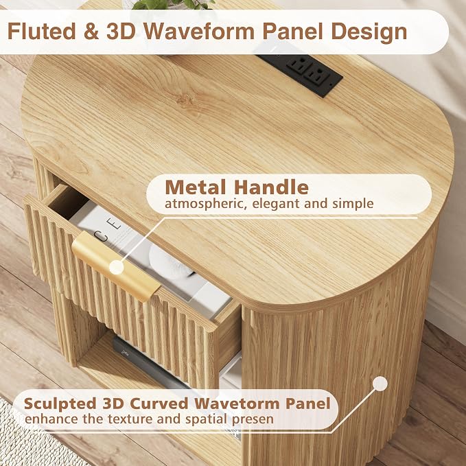 Fluted Nightstand with Charging Station, 23.6" Large Bedside Side Table with Drawer, Wood End Table with Storage, Curved Round Corner, Furniture Bedroom Sofa, Mid Century Modern, Farmhouse Boho,Oak - Image 7