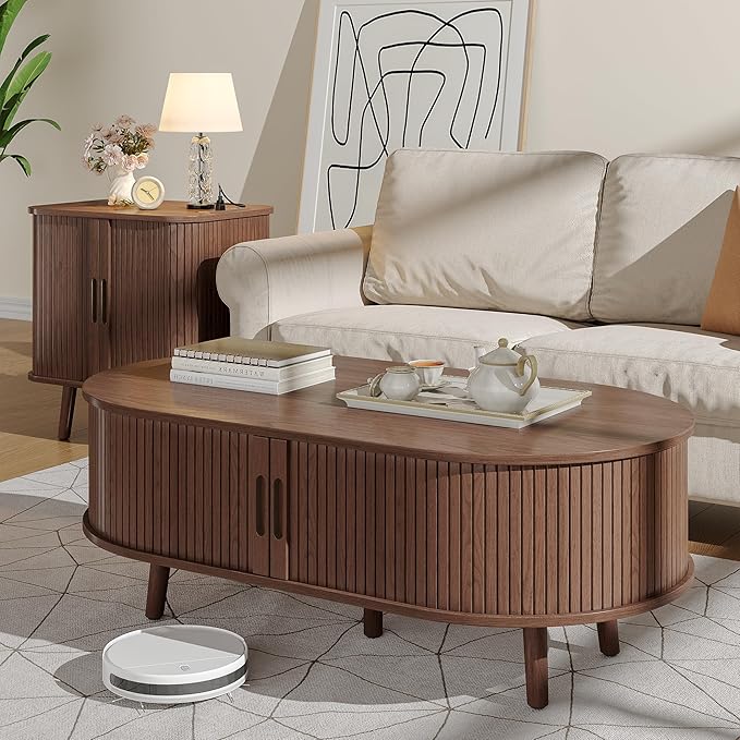 Alohappy Oval Coffee Table, Mid Century Modern Coffee Table with Sliding Tambour Door, Fluted Center Table with Hidden Storage, Curved Profile Dining Table for Living Room, Home Office,Walnut