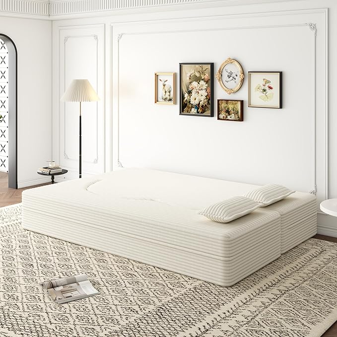 KEIKI Corduroy Floor Sofa Convertible Couch, 15" Full Size Foam Folding Mattress Sleeping Sofa, Lounge Floor Couch Hidabed Sleeper Bed with 2 Pillows, Beige