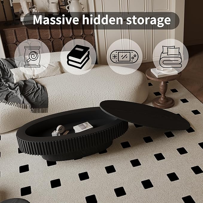 Oval Coffee Table with Storage for Living Room Fluted Pedestal Coffee Table Modern Handcrafted Centre Table for Apartment, Easy Assembly 47.2"x23.6", Black