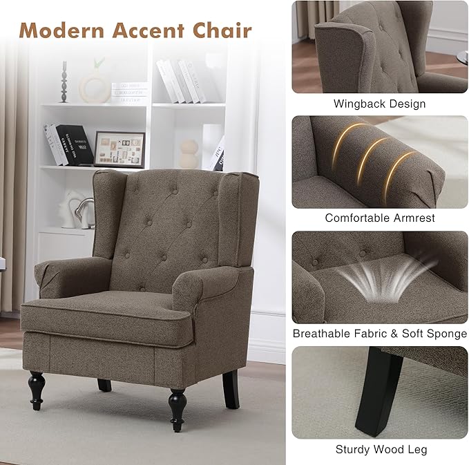 Accent Chair Set of 2, Mid Century Modern Fabric Wingback Chair, Upholstered Armchair with High Back and Vintage Legs, Comfy Single Sofa Side Reading Chair for Living Room Bedroom, Brown