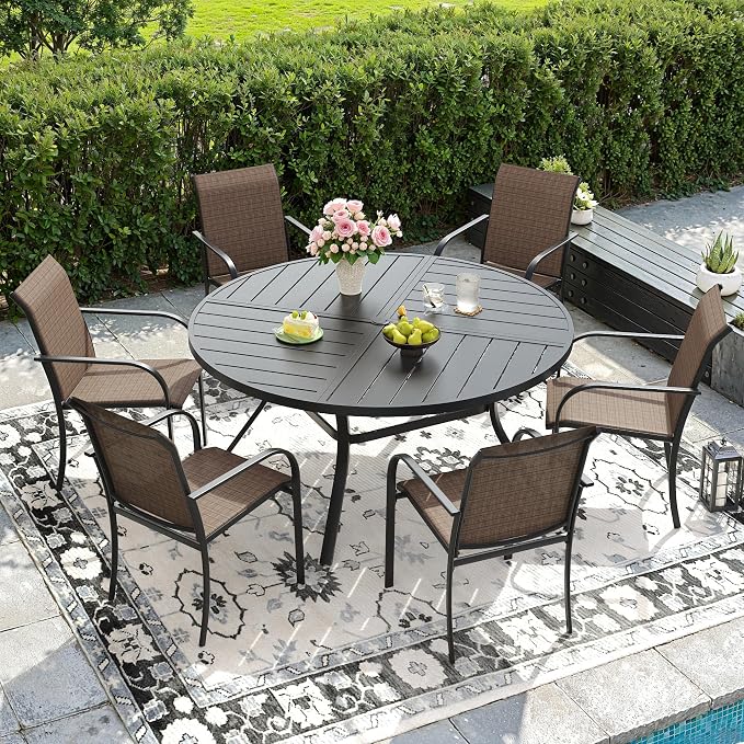 DIFY 7 Pieces Outdoor Patio Dining Set for 6, 50" Black Round Metal Dining Table and 6 Brown Stackable Sling Dining Chairs, Outdoor Table and Chairs for Lawn Garden Backyard Deck by DIFY