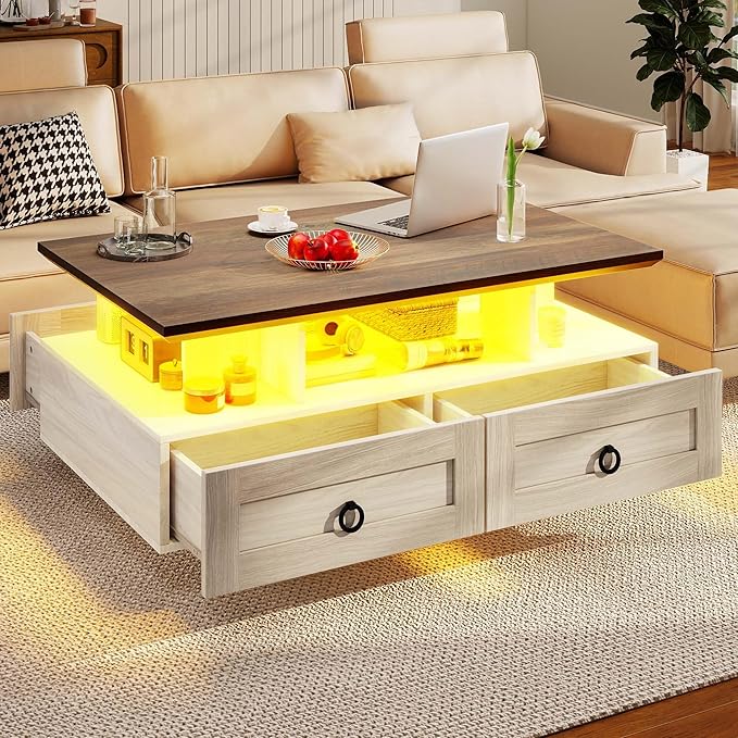 DWVO LED Coffee Table with Storage 4 Drawers, Modern High Glossy Coffee Tables for Living Room, White Rectangle Coffee Table Small Center Table with Open Display Shelf & Sliding Drawers, Brown and Oak