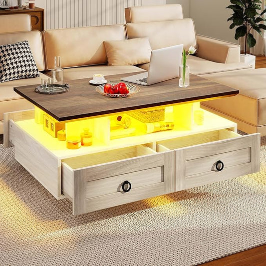 DWVO LED Coffee Table with Storage 4 Drawers, Modern High Glossy Coffee Tables for Living Room, White Rectangle Coffee Table Small Center Table with Open Display Shelf & Sliding Drawers, Brown and Oak