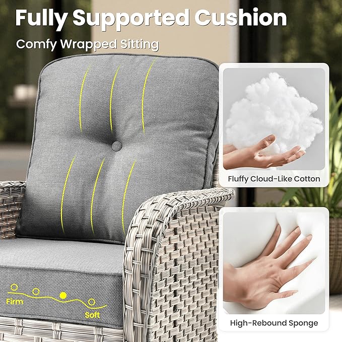 ovios 9-Piece Patio Furniture Set with L-Shape Sofa Chaise, Outdoor Sectional Couch Swivel Gliders Fire Pit Table Solar Table, Modern Modular Wicker Rattan Conversation Set, Dark Grey