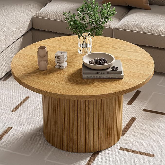 Round Coffee Table, 35.4" Circle Wide Coffee Table, Wood Table and Center Table for Living Room, Natural