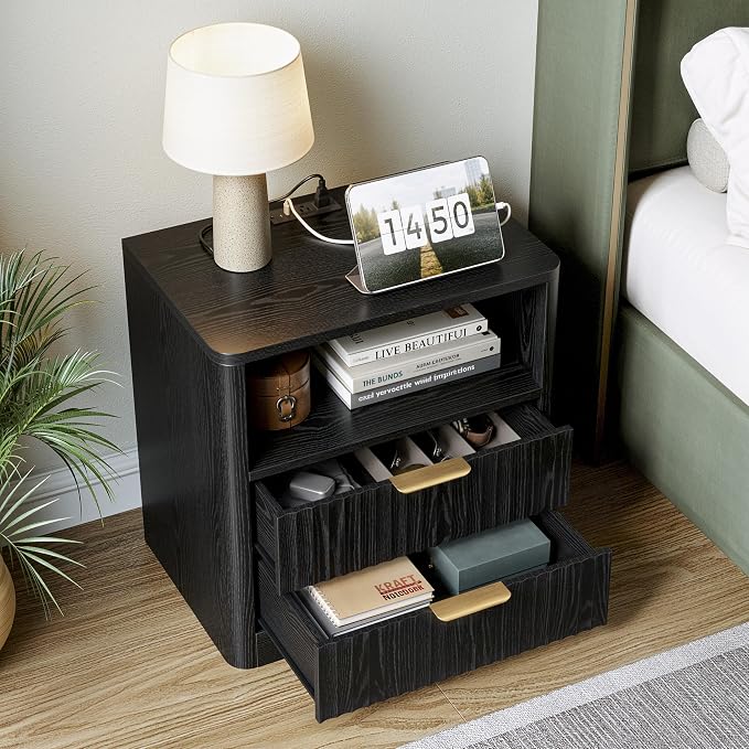 IRONCK Fluted Night Stand, Modern Nightstand with Charging Station, Drawers and Open Shelves - Bedside Table Wood Side Table for Bedroom, Black - Image 2