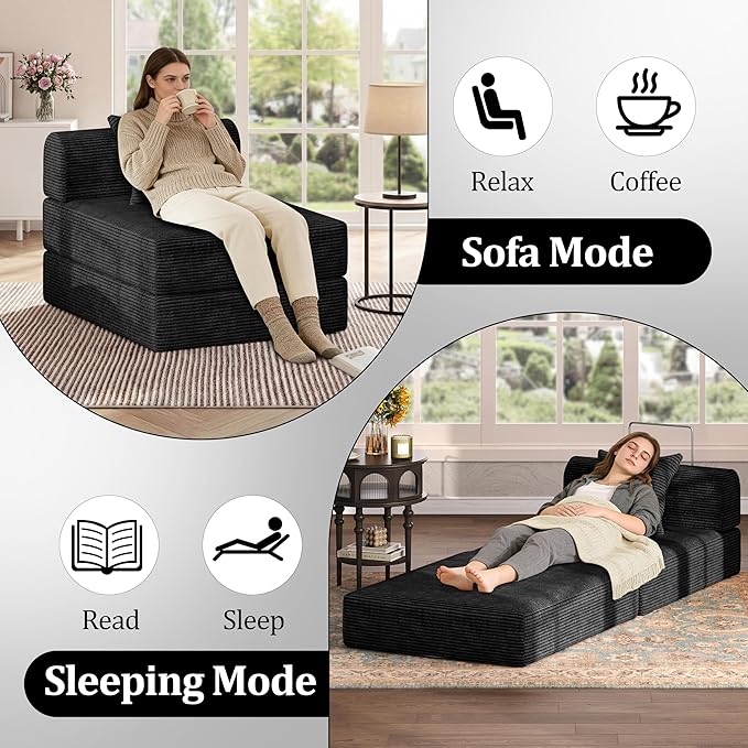 HouseMila Sofa Bed Couch,Convertible Boneless Couch Compressed Chair Comfy Boneless Chair Floor Lounge Chair with Pillow,No Assembly Folding Sofa Beds for Living Room Bedroom Guest Room(Single,Black)