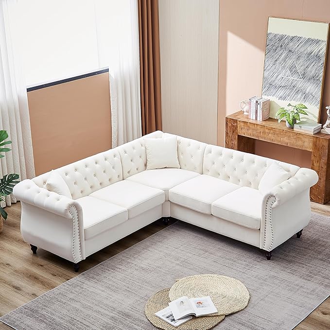 KEIKI 83.5" Chesterfield Corner Sofa, Retro Style Upholstered L-Shaped Velvet Couch with Rolled Arm, 5 Seater Corner Sofas for Living Room Bedroom Office Apartment, Beige