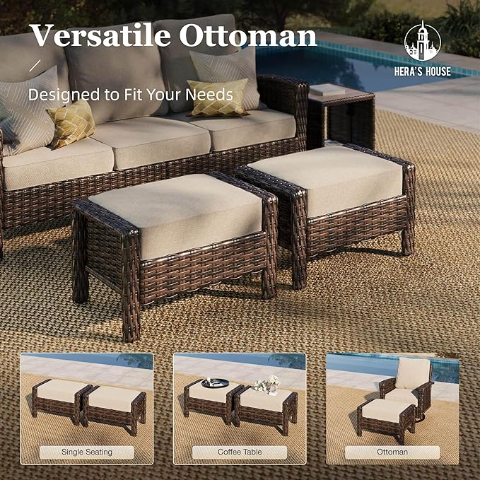 HERA'S HOUSE 8-Piece Outdoor Furniture Set with Fire Pit Table, Patio Conversation Set with 5.5" Thick Cushions & High Back Swivel Chairs, All-Weather Wicker Deep Seating Sofa with Ottomans, Beige