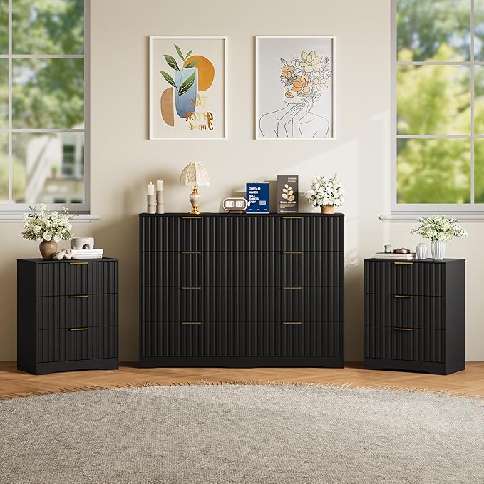 8 Drawer Dresser and Nightstand Sets for Bedroom, Modern Fluted 3 Pcs Bedroom Dresser Furniture Sets, Wood Chest of Drawers and Nightstand Set of 2 with Metal Handles, Black