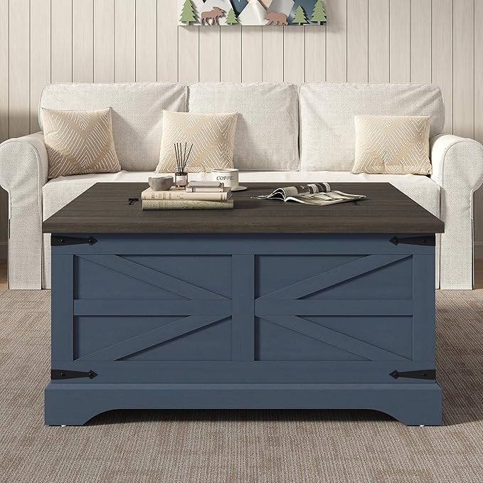 Furnideco 35.5''W Square Coffee Table Farmhouse Lift top Coffee Table with Large Hidden Storage, Wood Center Table for Living Room, Home Office, Blue