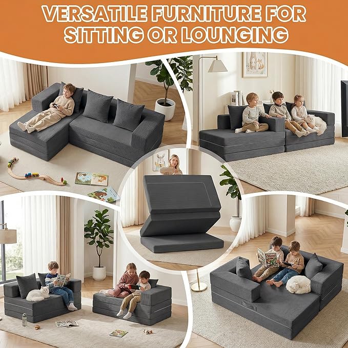 Modular Sectional Sofa, Boneless Convertible Oversized Sleeper Sofa Bed, Modern Tri-Folding Cloud Couch with L-Shape Chaise, Corduroy Futon Couches for Living Room Small Spaces Apartment,No Assembly