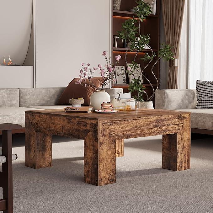 LUMTOK Wooden Square Coffee Table,35.5 inch Farmhouse Low Cocktail with Thick Base for Living Room (Rustic Brown)