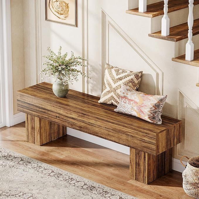Tribesigns 63" Long Entryway Bench, Rustic Farmhouse End of Bed Bench, Wooden Shoe Bench Seat for Hallway, Living Room, End of Bed, Rustic Brown - Image 4