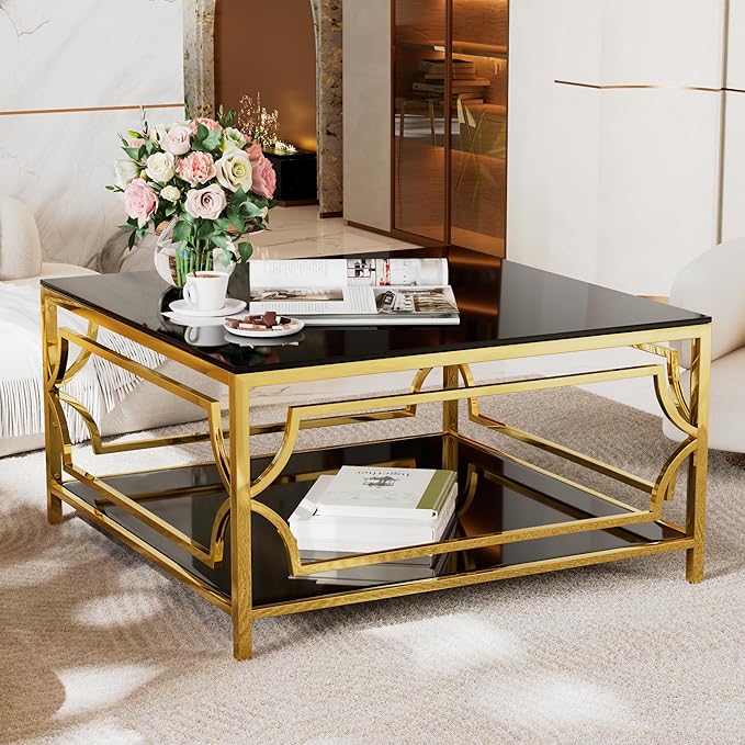 Harper & Bright Designs Square Glass Coffee Table in 33.5",Luxurious Geometric Metal Frame,Gold Finish & Lower Shelf