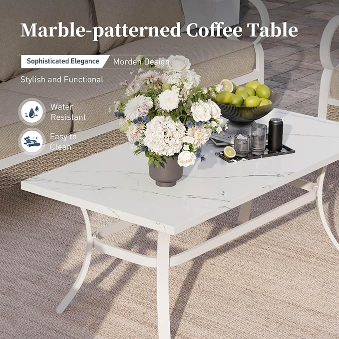 6 Piece Metal Outdoor Patio Furniture Set, Patio Conversation Sets 1 3-seater Sofa, 4 Single Sofa with 5.75" Extra Thick Cushion and Coffee Table, White Frame Backyard Furniture, Beige