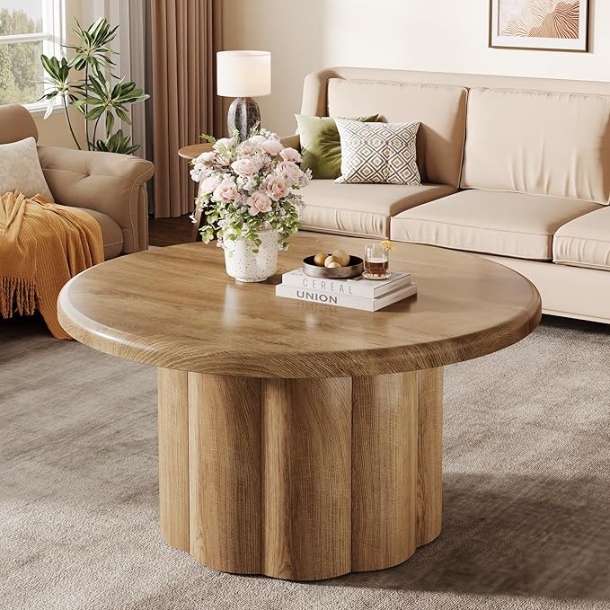 Tribesigns 31.5" Round Coffee Table for Living Room, Farmhouse Circle Center Cocktail Table with Fluted Drum Base, Wooden Living Room Furniture for Apartment, Small Space, Brown