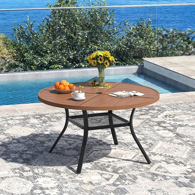 DIFY Patio Dining Set for 4, 5 Piece Outdoor Table and Chairs Set, 40.6" Walnut Round Metal Patio Dining Table and 4 Brown Textilene Stackable Patio Chairs, for Backyard Garden Poolside - Image 2