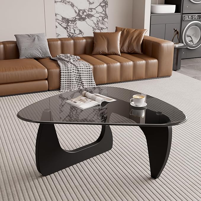 Modern Glass Coffee Table, Triangle Center Table with Tempered Glass Top& Unique Wooden Base, 31.5” Mid Century Tea Tables for Living Room, Apartment, Office,Black & Grey