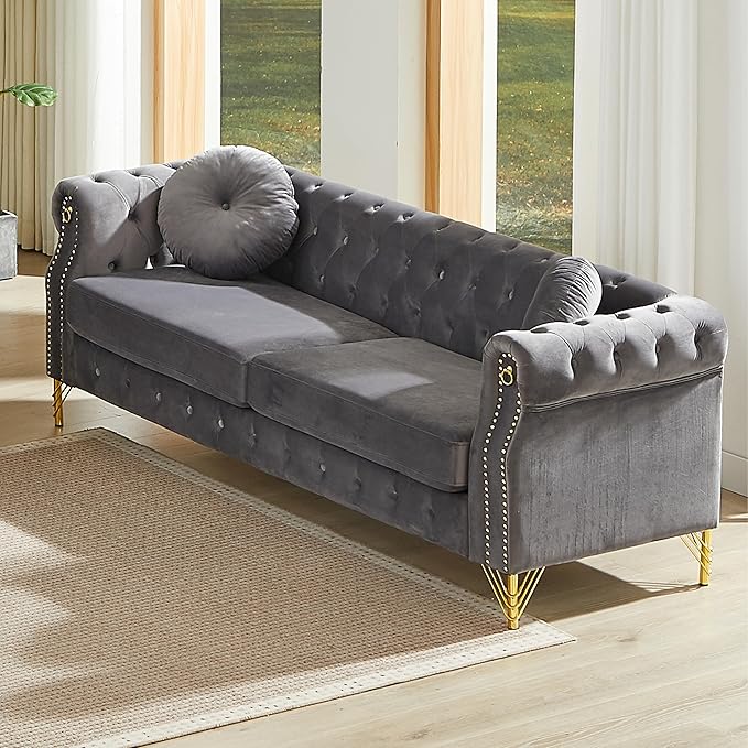ERYE 82-Inch Button Tufted Sofa Couch with 2 Round Pillows, 3 Seat Velvet Tufted Sofa Spacious Chesterfield Loveseat Couches W/Nailhead Decor,Ring Accent & Golden Legs