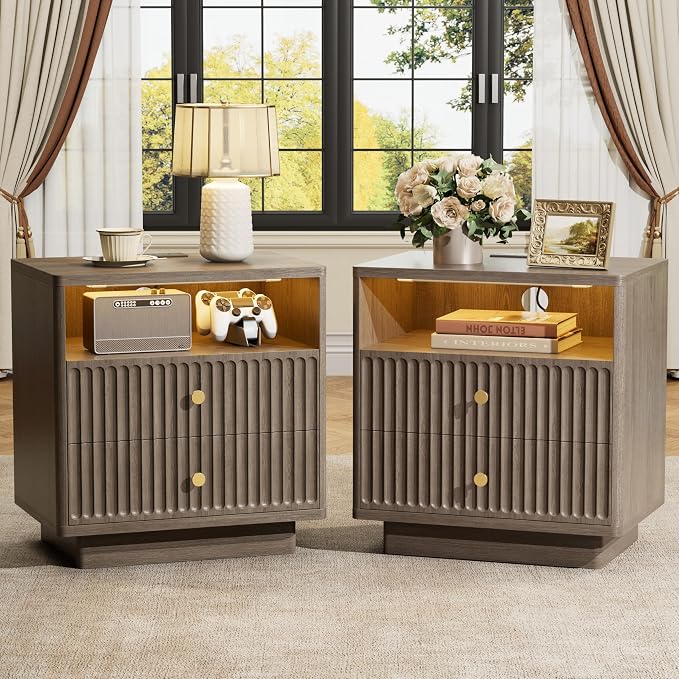 PAPROOS 23'' Fluted Nightstand Set of 2 with Charging Station, Modern Bedside Table with Motion Sensor LED Light, 2-Drawer Storage Cabinet for Bedroom & Home Office (2 pc Brown Gray) - Image 2