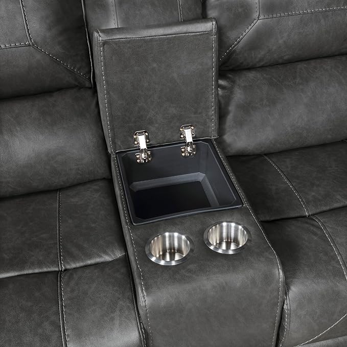 Lexicon Modern Double Reclining Loveseat, Faux Leather Recliner Loveseat with Nailhead, Center Console, Receptacle and USB Ports, Manual Recliner Loveseat Couch for Living Room/Office/Apartment, Grey