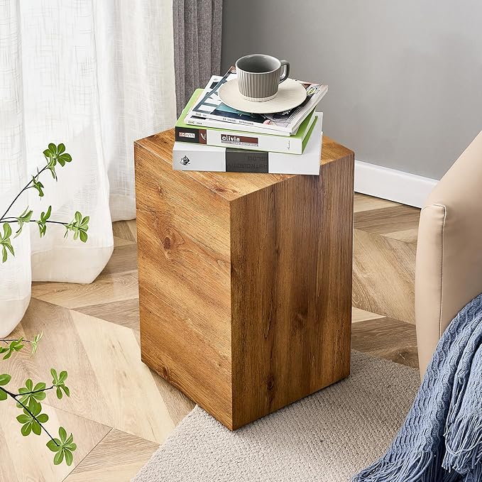Cube End Table Wood Grain, Modern Side Table for Living Room, Contemporary Nightstand