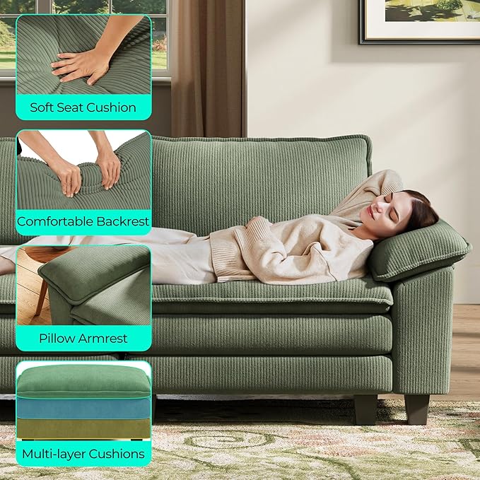 LINSY HOME 123'' Modular Sectional Sofa Green Couch Corduroy Cloud Couches for Living Room, L Shaped Couch with Movable Ottoman, Modern Cloud Sectional Sofas for Bedroom and Apartment, Green