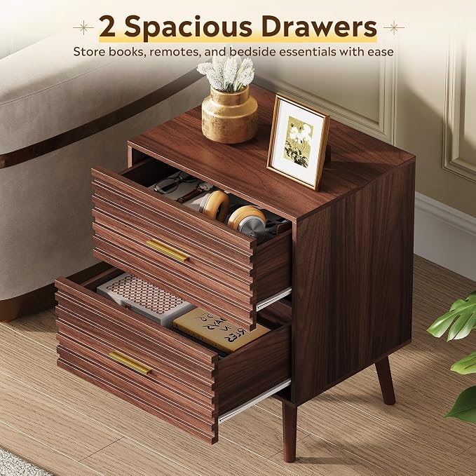 WLIVE Mid Century Modern Nightstand, Fluted Wood Bedside Table with Two Drawers, Brown Night Stand for Bedroom - Image 6