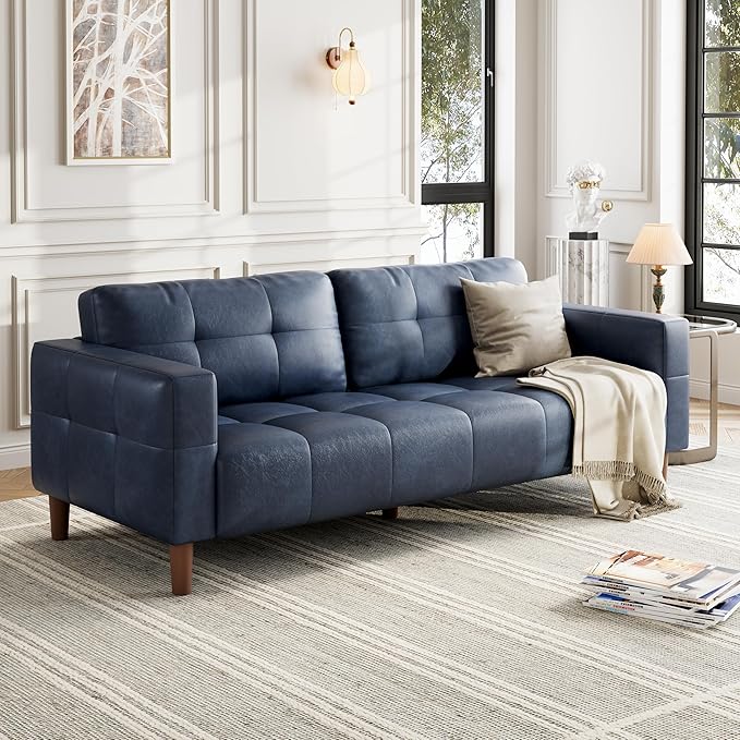 GarveeHome 3-Seater Sofa Couch, 83 in Wide Faux Leather Sofa Couch with Spring Cushion, Modern Sofa with Deep Seats and 2 Removable Back Cushions, for Living Room, Bedroom, Apartment, Office, Blue