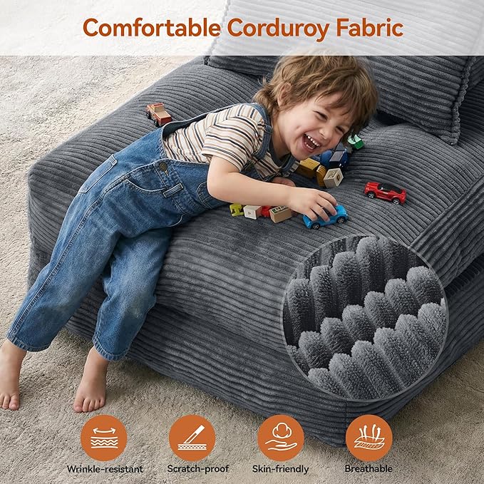 Folding Sofa Bed, Fold Out Chair Bed with Pillow, Convertible Sleeper Chair for Living Room Bedroom Guest Room Small Spaces, Comfy Corduroy Boneless Couch Bed, Grey, Single
