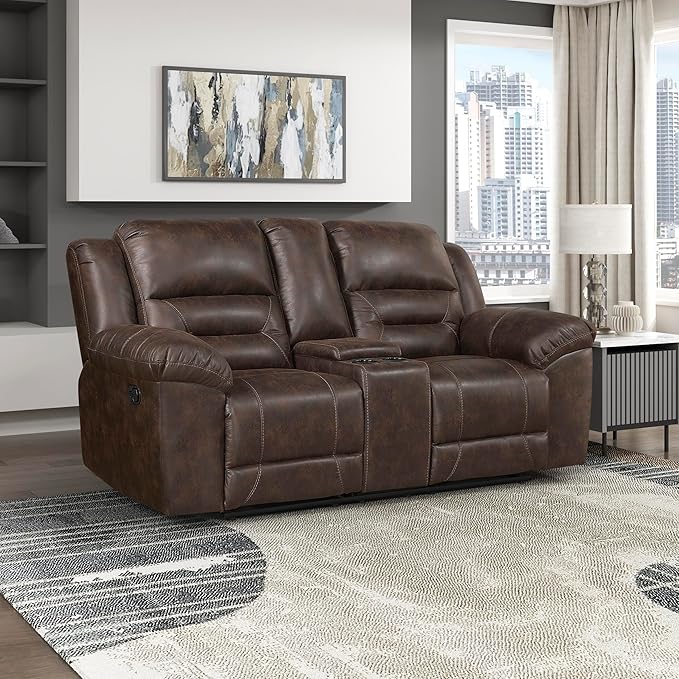 Lexicon Double Recliner Loveseat with Center Console, Wall Hugger Manual Reclining Couch, Textured Microfiber Upholstered Dual Reclining Love Seat, Home Theater Seating, Required Assembly, Dark Brown