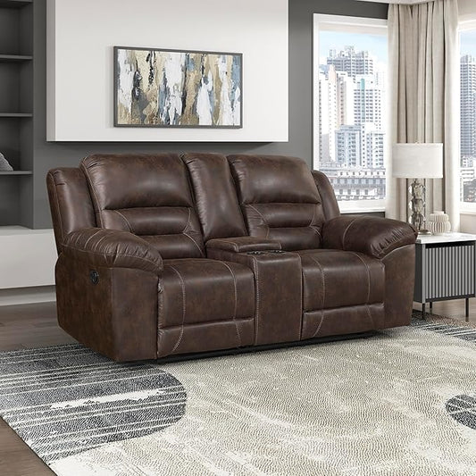 Lexicon Double Recliner Loveseat with Center Console, Wall Hugger Manual Reclining Couch, Textured Microfiber Upholstered Dual Reclining Love Seat, Home Theater Seating, Required Assembly, Dark Brown
