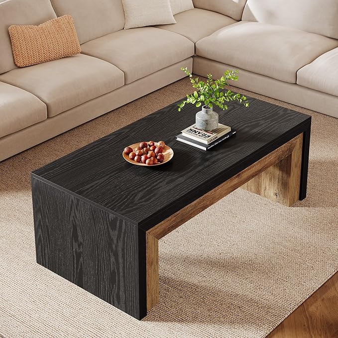 Tribesigns 47-Inch Coffee Table for Living Room, Mid-Century Modern Coffee Table with Sturdy Base, Farmhouse Rectangle Accent Center for Apartment, Easy Assembly (Black & Walnut)