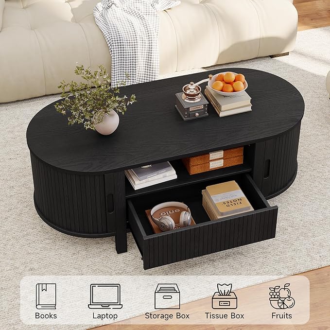 47" Oval Coffee Table, Tambour Design Coffee Tables for Living Room, Mid Century Modern Wood Coffee Table, 3-Tier Accent Center Table with Storage, Large Drawer, Black