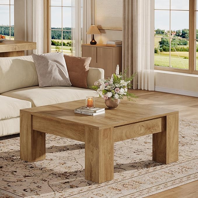 Tribesigns Farmhouse Square Coffee Table, 39-Inch Wooden Coffee Table with Sturdy Legs, Rustic Accent Center Table for Living Room, Easy Assembly, Light Brown