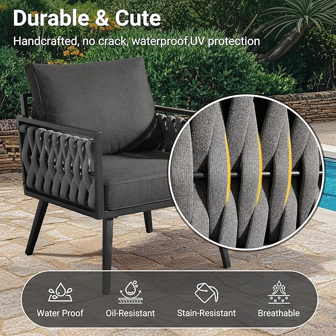 Weaxty Modern Patio Furniture Set 6 Piece, Rope Outdoor Patio Conversation Sets Sectional Sofa Swivel Chairs Table Ottoman, All Weather Metal Balcony Furniture for Backyard Garden, Black