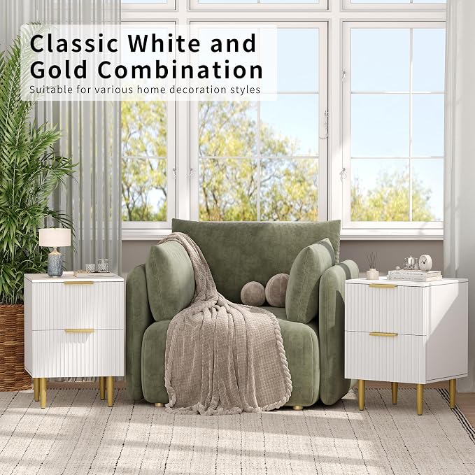 Akxomel White Nightstand Set of 2, Fluted Night Stand with Charging Station, 13.8" D x 15" W x 23.2" H, 2 Drawers Modern Bedside Table with USB Ports and Outlets, Golden Side Table for Bedroom - Image 4
