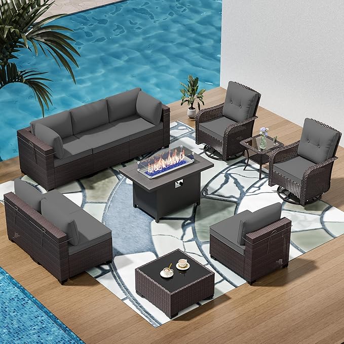 11 Pieces Outdoor Patio Furniture Set,Outdoor Sectional Furniture with 45" 55000 BTU Gas Propane Fire Pit Table,PE Rattan Wicker Patio Conversation Set,Swivel Rocking Chairs Set,Grey