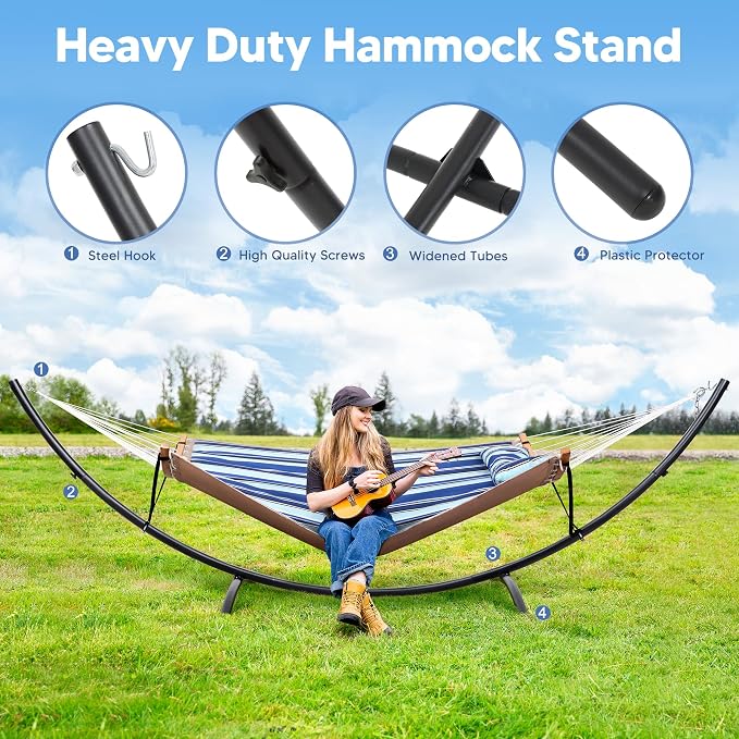 SUNCREAT Portable Outdoor Hammock with Stand, Double Hammock with Stand for Outside, Patent Pending, Blue & White - Image 4