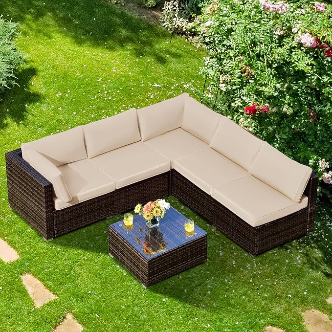 Tangkula 6 Pieces Patio Furniture Set, Outdoor Wicker Conversation Set with Glass Coffee Table, Wicker Sofa Set with Back & Seat Cushions, Rattan Sectional Conversation Set for Backyard Garden