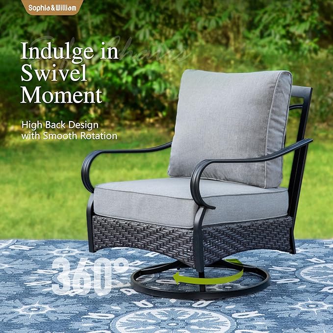 Sophia & William Extra Large Outdoor Patio Swivel Sofa Chairs Set 2 PCS Heavy-Duty Metal Porch Furniture with High Back & Deep Seating Area, 5.5" Thicken Cushions for Deck, Lawn, Outside (Grey)