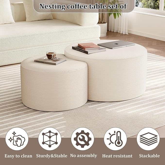 Round Coffee Table Set of 2, Movable Ottoman for Corduroy Cloud Sectional Couches Circle Foam Round Side Table for Living Room, Entryway Set, 32"+17" Footrest No Assembly (Beige, 32"+17")