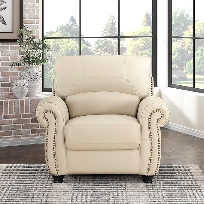 Lexicon Top Grain Leather Match Chair Accent Chairs for Living Room with Solid Wood Frame, Rolled Armrest & Nailhead Trim, Comfy Reading Chair for Bedroom, Office, Waiting Room, Cream