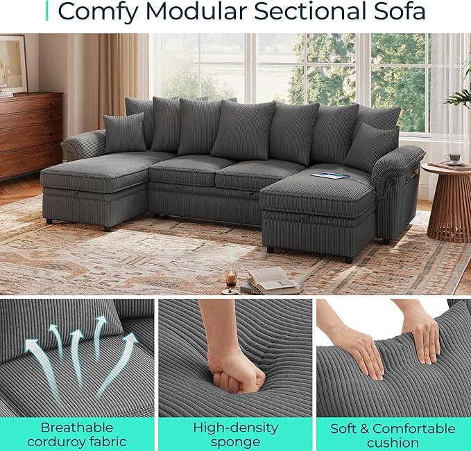 LINSY HOME Oversized Sectional Sleeper Sofa with Pull Out Couch Bed (Gray, 118.5'') | USB Charging, Pillow-style Armrest, Multiple Cushions, Storage Chaise, Corduroy Fabric