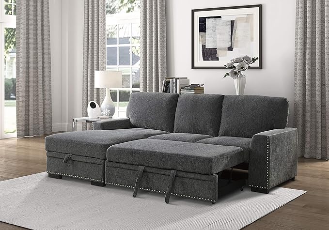 Lexicon Mid Century Modern Sectional Sleeper Sofa Bed Couch with Storage Chaise, Sectional Sofa Pull Out Couch Bed, Sectional Couch Lounge Sofa for Living Room Apartment, Left Side Chaise, Charcoal