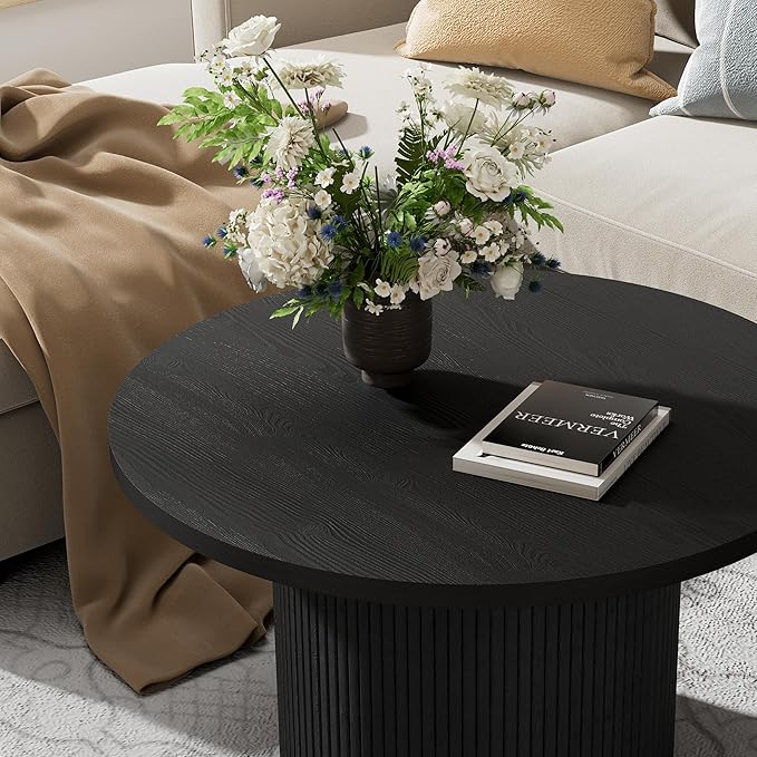 Round Coffee Table, 35.4" Circle Wide Coffee Table, Wood Table and Center Table for Living Room, Black