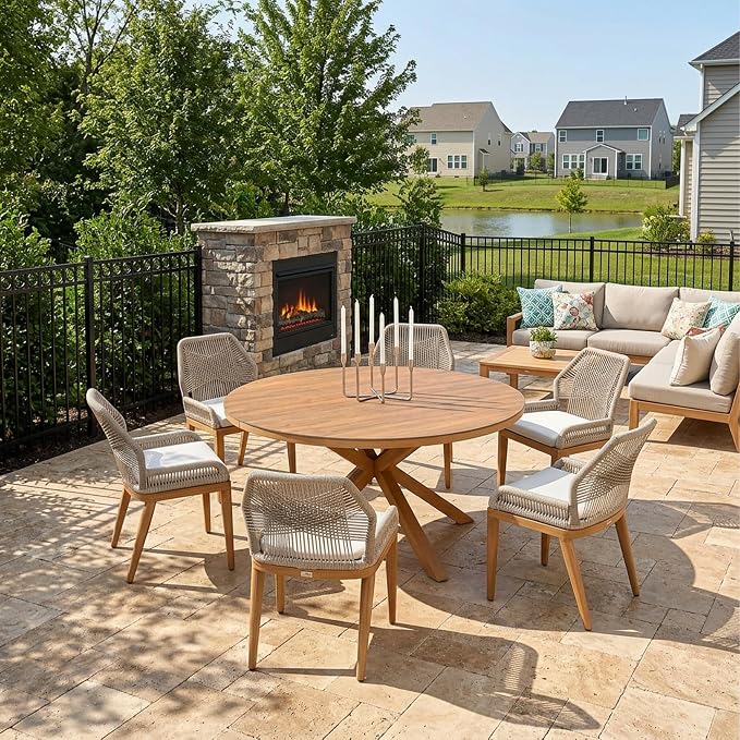 PURPLE LEAF 7 Pieces Round Dining Set Patio Aluminum Modern Round Table and Wicker Chairs with Cushions for Kitchen Backyard Garden Outdoor Furniture Sets, Teak by PURPLELEAF